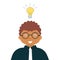 Concept of business idea: Smiling black man accountant or auditor with included burning light bulb above head as a metaphor or