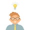 Concept of business idea: Smiling man accountant or auditor with included burning light bulb above head as a metaphor or symbol of