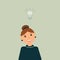 Concept of business idea:Very kind beautiful smiling woman accountant with included burning light bulb above head as a metaphor or