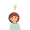Concept of business idea:Very kind beautiful smiling woman accountant with included burning light bulb above head as a metaphor or