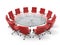 Concept of business meeting or brainstorming. Circle table and red armchairs