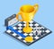 Concept business strategy. Isometric gold cup of the winner and medal on the chessboard. Achieving goals business