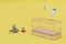 the concept of buying children\\\'s goods. crib, toys, bottle and pacifier on a yellow background. 3D render