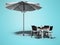 Concept cafe. Beach umbrella and table with chairs 3d render on blue background with shadow