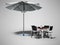 Concept cafe. Beach umbrella and table with chairs 3d render on gray background with shadow