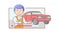 Concept Of Car Repair Shop. Cheerful Car Mechanic With Wrench In Hands On Retro Car Background Show Thumb Up. Boy Make A