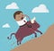 Concept cartoon illustration businessman riding bison head to the mountains