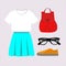 The concept of casual clothing for girls. A group of women`s items: a turquoise skirt,white t-shirt,black glasses, ochre