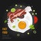 Concept chicken omelet - egg and bacon pork. Natural fresh egg with fried bacon in a flat style. Illustration template