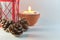 Concept for Christmass and New year of cones and candle on a blurred background.