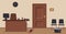 Concept of cleaning office or reception area.Wooden door, sign,table,monitor,armchair,chairs,wall clock,cup of coffee,folders