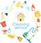 Concept of cleaning service. Flat vector set of cleaning tools and household supplies. Minimal vector graphics for web site, poste