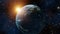 Concept of climate change, dark night, cities lights, sunrise. Beautiful 3d planet earth animation. Sunrise from outer