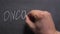 Concept, close-up of a man`s hand writing the word `oncology` on a chalkboard