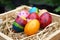 Concept colorful fancy easter eggs in wooden box