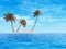 Concept or conceptual isolated exotic island with palm trees with a hammock and sand in the sea or ocean over blue