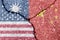 The concept of conflict and crisis between USA and Taiwan against China. Crack between USA, Chinese and Taiwanese flags.