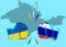 concept of confrontation between the neighboring countries with Crimea. Fists painted in the Ukrainian flag and the colors of the