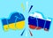 concept of confrontation between the neighboring countries. Fists painted in the Ukrainian flag and the colors of the Russian flag