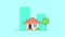 Concept of construction flat style house, isolated on blue background. Beautiful large building appearing on the