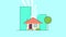 Concept of construction flat style house and rotation sun, isolated on blue background.