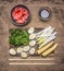 Concept cooking Chinese food, boiled quail eggs with seaweed Chuka, and corn on wooden rustic background top view