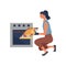 Concept Of Cooking Culinary Show. Happy Woman Is Cooking Food At The Kitchen. Woman Is Taking Baked Turkey Out The Oven