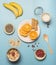 Concept of cooking healthy breakfast, berries, bananas, smoothies, blueberries, oranges, cereals, nutritious bars and milk, a vint