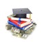 Concept, the cost of education. A graduate`s cap with a diploma and books on a bundle of dollar bill. 3d illustration