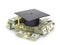 Concept, the cost of education. The graduate`s hat on a bundle of dollar bill. 3d illustration