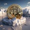 Concept, course of bitcoin is gradually melting, falling. Coin against background of ice