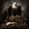 The concept of court and judicial justice. Attributes: eagle, judge's scales, books