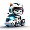 Concept cute cat chibi riding a futuristic fast speed scooter on white background