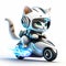 Concept cute cat chibi riding a futuristic fast speed scooter on white background