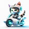 Concept cute cat chibi riding a futuristic fast speed scooter on white background