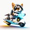 Concept cute dog chibi riding a futuristic fast speed scooter on white background