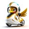 Concept cute duck chibi riding a futuristic fast speed scooter on white background