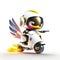 Concept cute duck chibi riding a futuristic fast speed scooter on white background