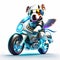 Concept cute pitbull riding a futuristic motocycle on white background