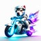 Concept cute pitbull riding a futuristic motocycle on white background