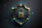The concept of cybersecurity. Shield with dangling gold lock on a digital background