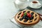 Concept of delicious dessert with blueberry pie