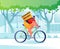Concept of delivery service with courier character shipping parcels by bicycle. Fast delivery of food, letters, household and pers