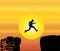 Concept design illustration art of young fit man jumping from a crumbing mountain rock to another safer rock