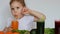 The concept of diet, detox, vegetarianism and a healthy lifestyle.The little girl child drinks vegetable smoothies -