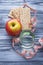 Concept of diet food: water, apple, crispbread