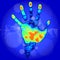 The concept of digital identification - color thermal hand print, blue technology background, digital wave