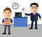 Concept dismissal. Boss dismissed employee. Flat vector illustration. Sad cartoon man leaves the office with things