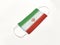 Concept. Disposable medical surgical face mask with Iran country flag superimposed on it, on white background. Protection against