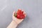 Concept - Eating ugly fruits and vegetables. Children`s hand holds a ripe funny strawberries of unusual shape. Gray background,